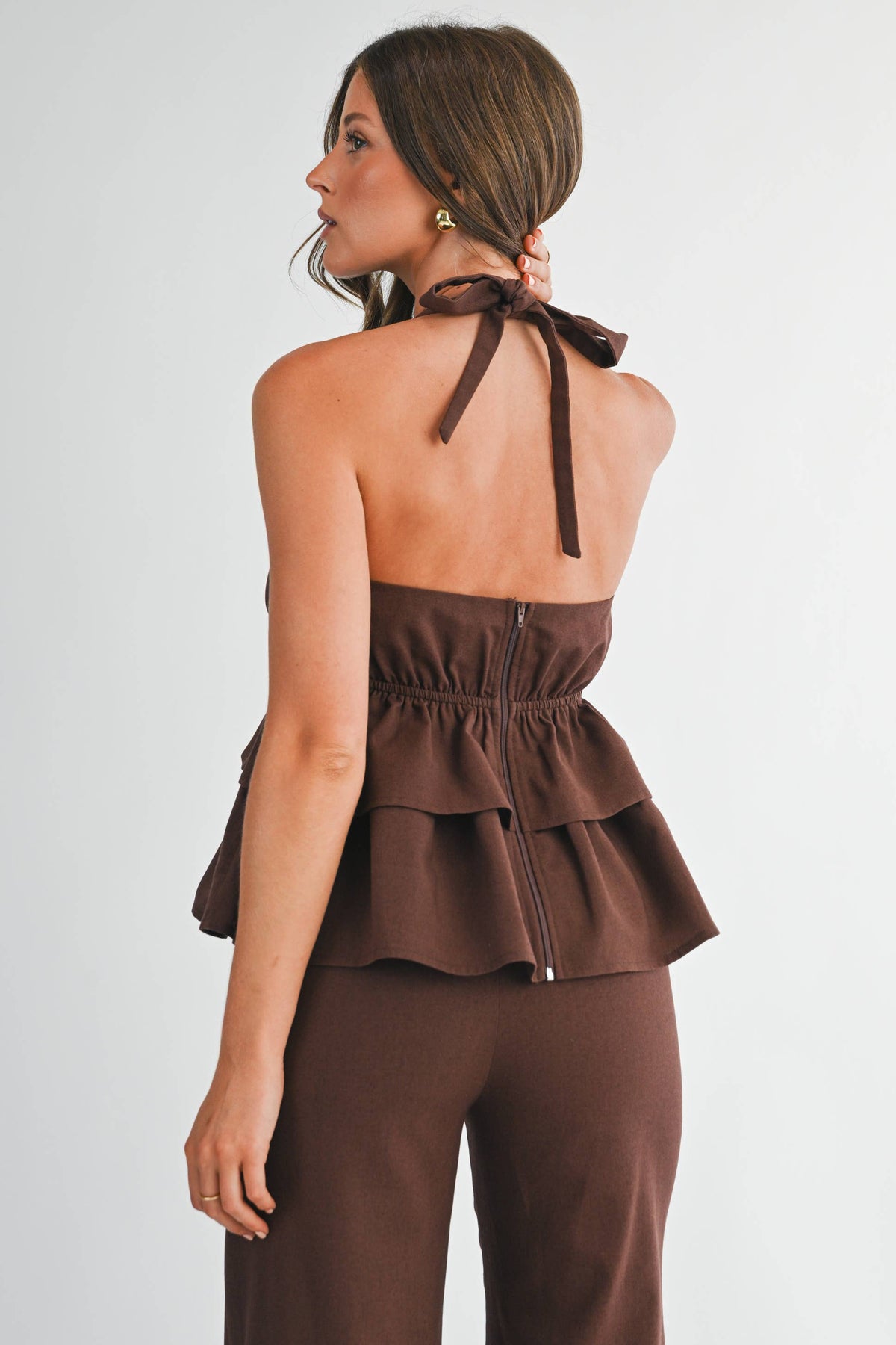 Ruffle Halter Top & Flared Trousers Set