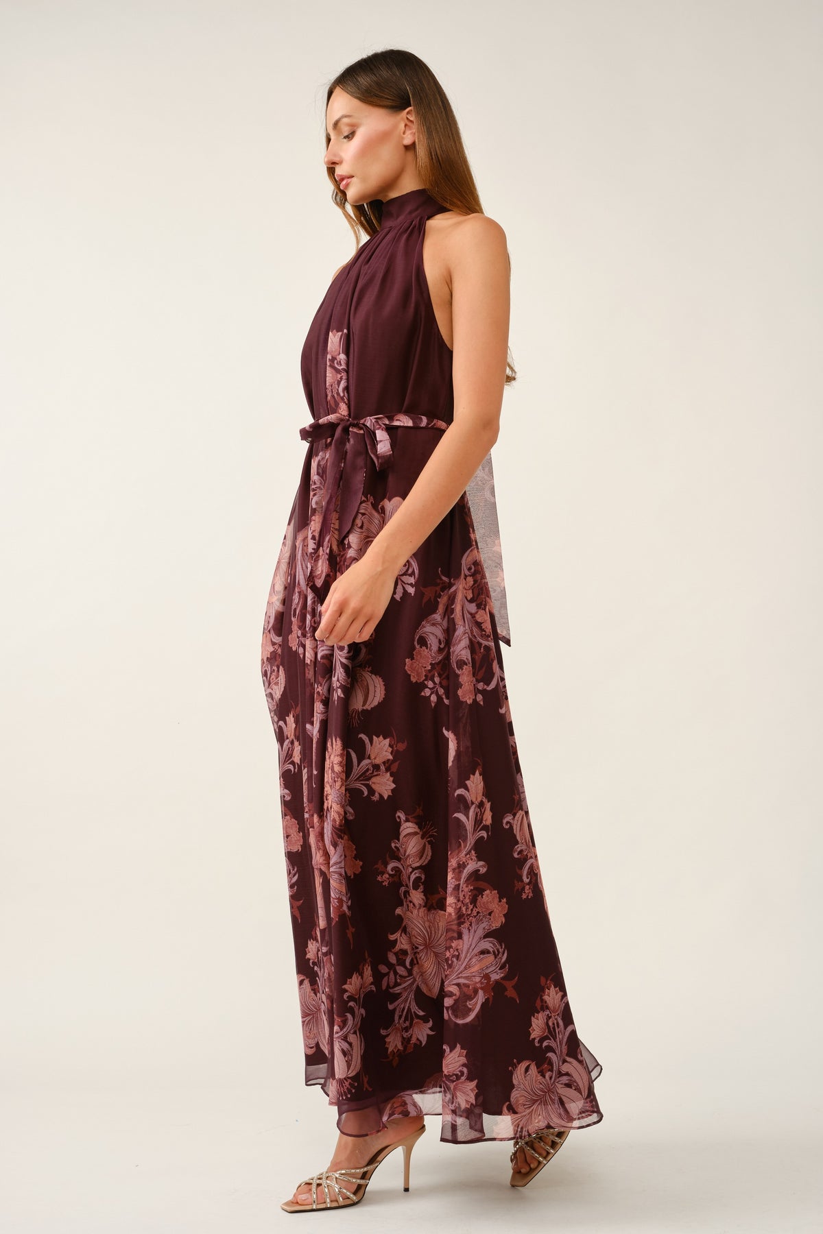 Elegant Floral Mock Halter Maxi Dress