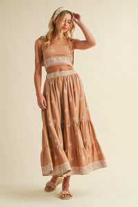 Boho Embroidered Crop Top & Tiered Midi Skirt Set