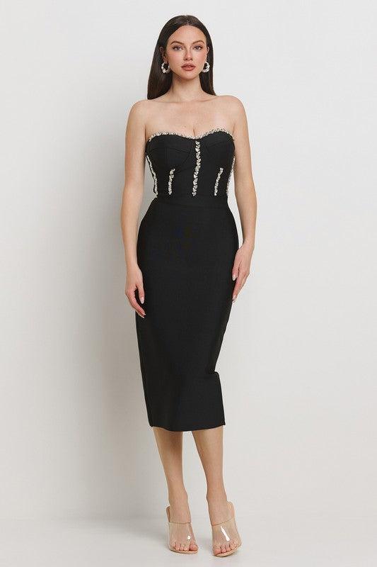 BANDAGE TUBETOP DRESS WITH RHINESTONE DETAILS