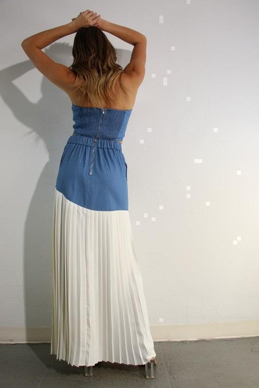 LIGHT DENIM TOP AND PLEATED SLIT SKIRT SET PRIVILEGE