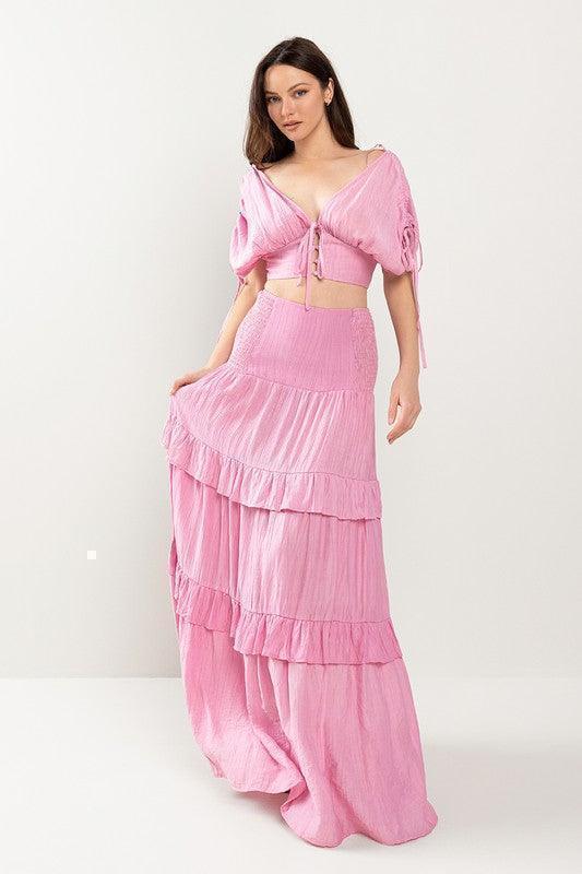 CROPTIO WITH DRAWSTING DETAIL AND MAXI SKIRT SET - PRIVILEGE 