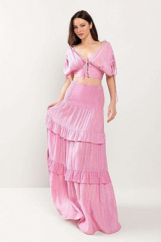 CROPTIO WITH DRAWSTING DETAIL AND MAXI SKIRT SET - PRIVILEGE 