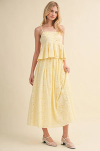 EYELET PEPLUM CAMI AND PLEATED FLARE MIDI SKIRT