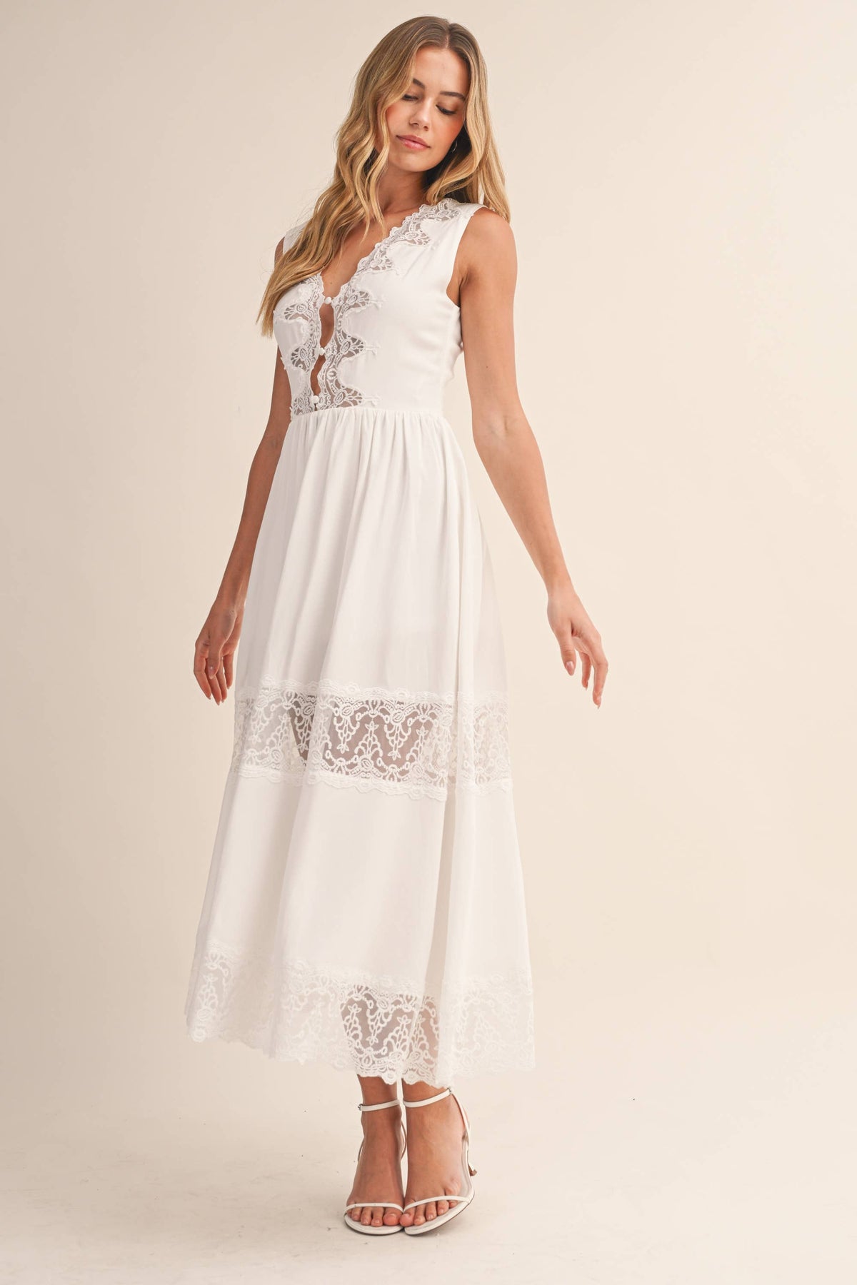 LACE PANEL DETAILED SLEEVELESS V NECK MIDI DRESS