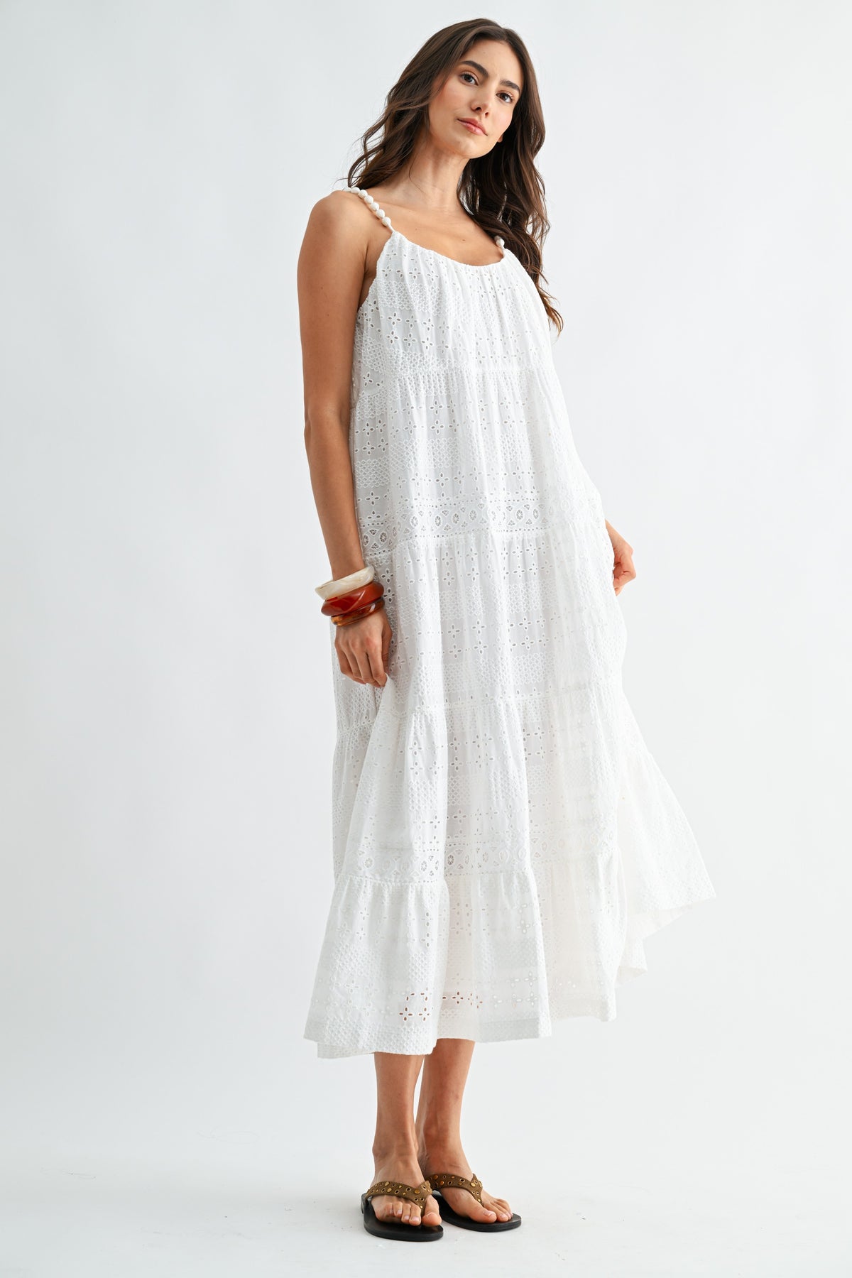 EYELET MAXI DRESS WITH TEXTURED SHOULDER STRAPS