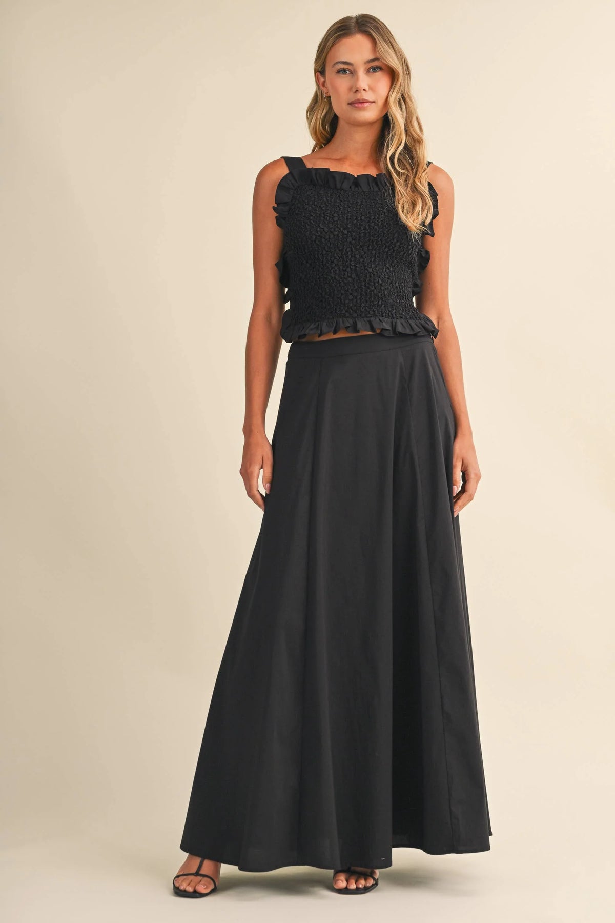 SMOCKING BACK TIED TOP AND A LINE MAXI SKIRT SET