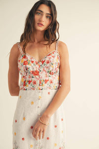 Eyelet Detailed Floral Border Print Midi Dress