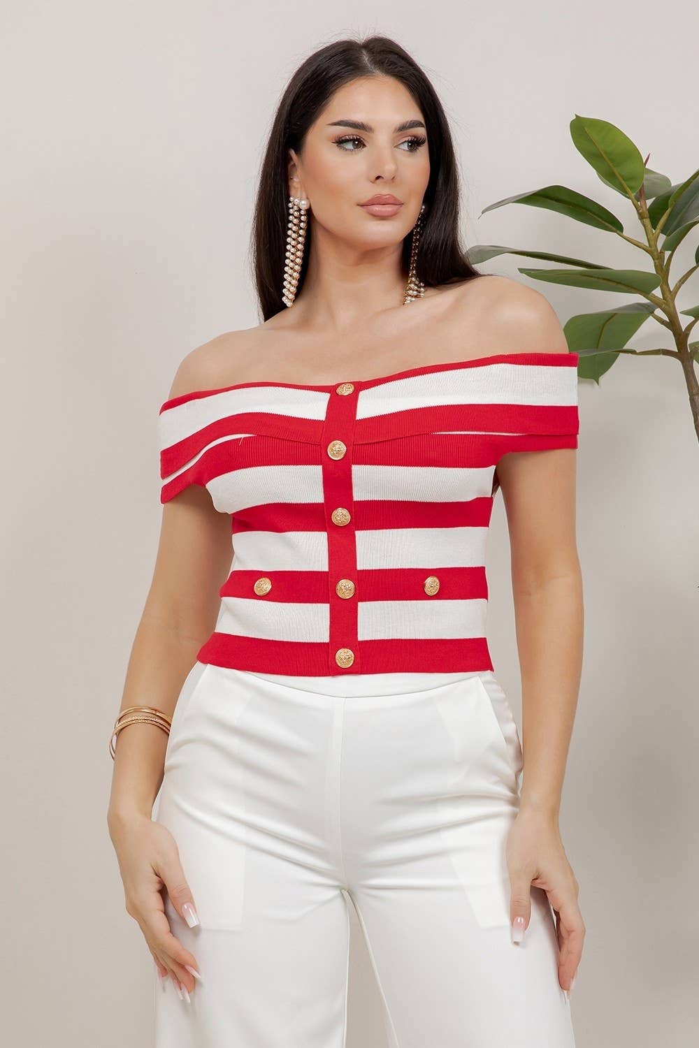 Marins Striped Off-Shoulder Gold Button Knit Top