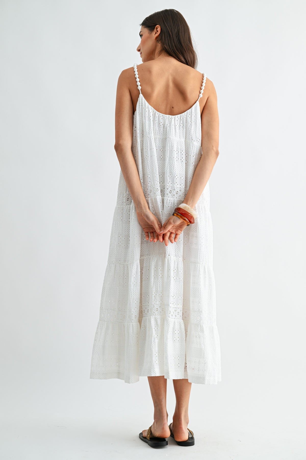 EYELET MAXI DRESS WITH TEXTURED SHOULDER STRAPS