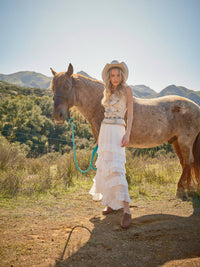 WESTERN BUCKLE STRAP EMBROIDERED DENIM TOP