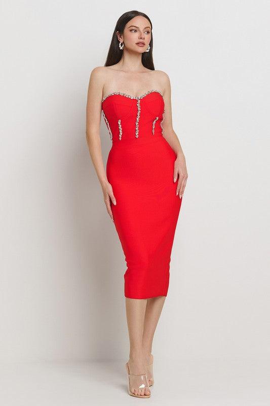 BANDAGE TUBETOP DRESS WITH RHINESTONE DETAILS PRIVILEGE