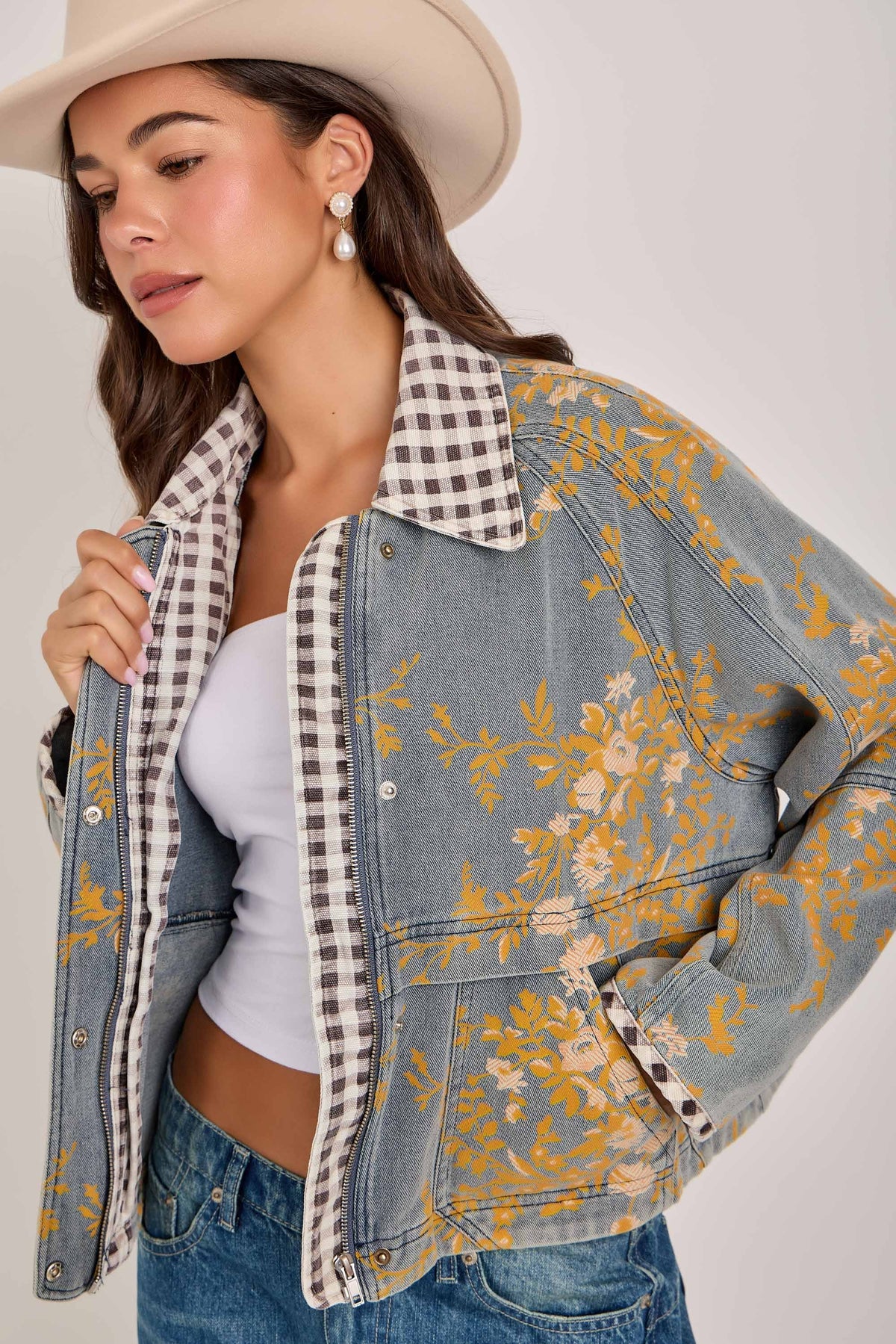 Layla Vintage Floral Denim Barn Jacket with Gingham Collar