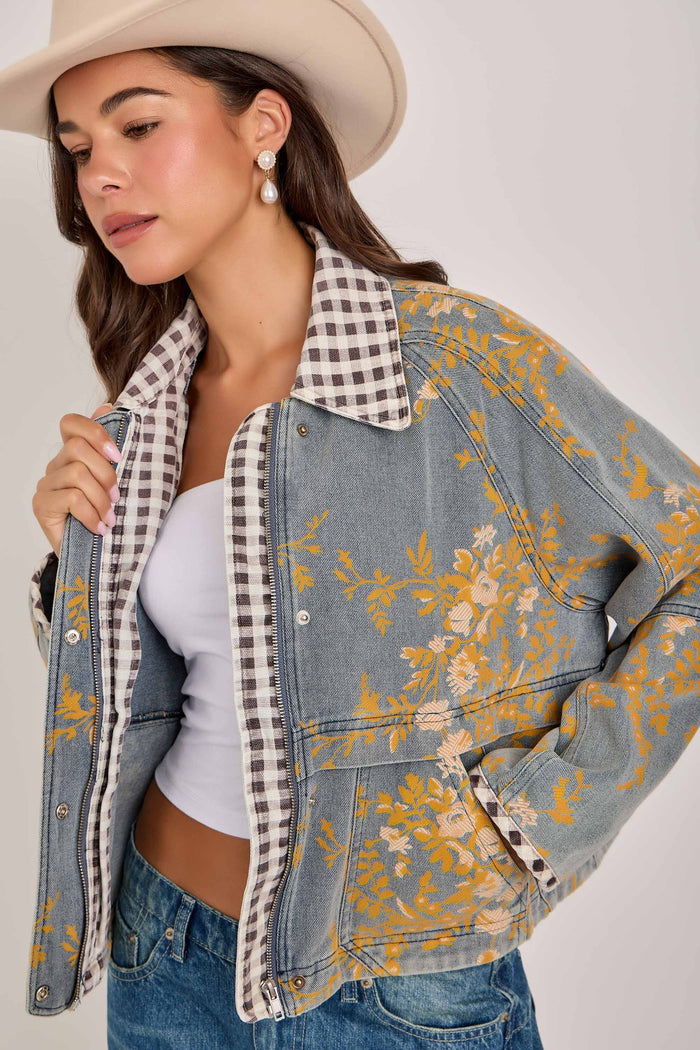 Layla Vintage Floral Denim Barn Jacket with Gingham Collar