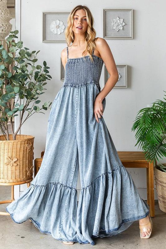 WASHED DENIM WIDE LEG ROMPER PRIVILEGE