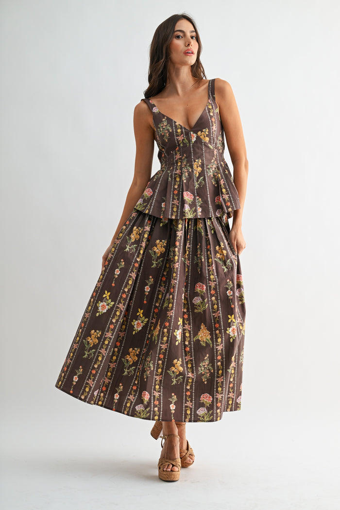 Chocolate Floral Peplum Top & Maxi Skirt Set