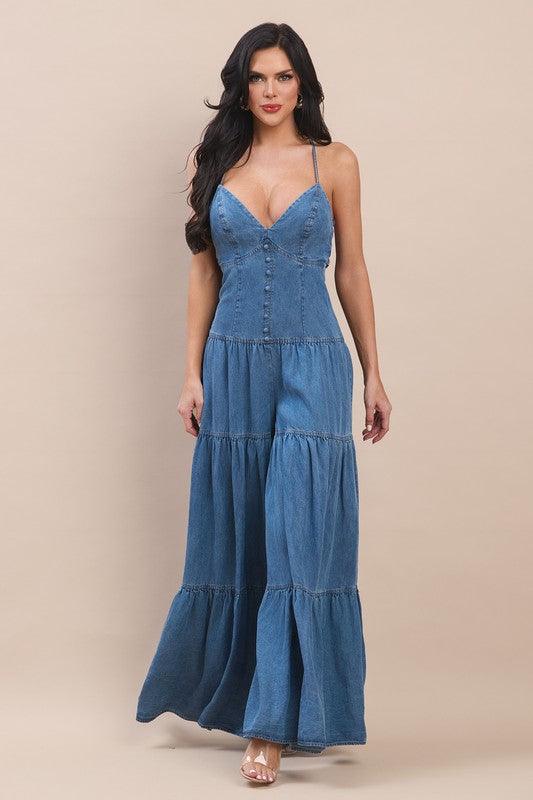 DENIM V-NECK SHOULDER STRAP O-RING BACK DETAILED PRIVILEGE