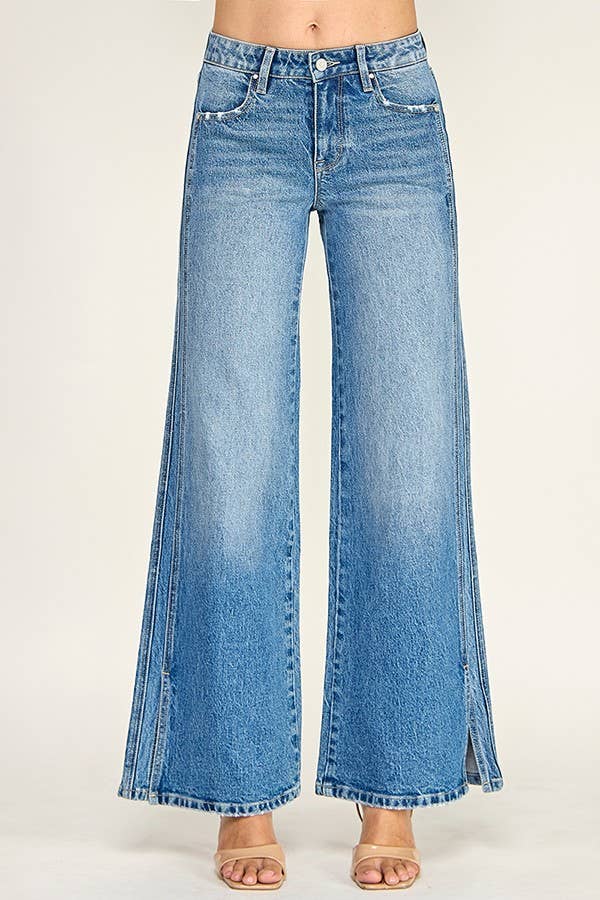 Mid Rise Wide Leg Jeans with Side Seam Detail — Medium Wash