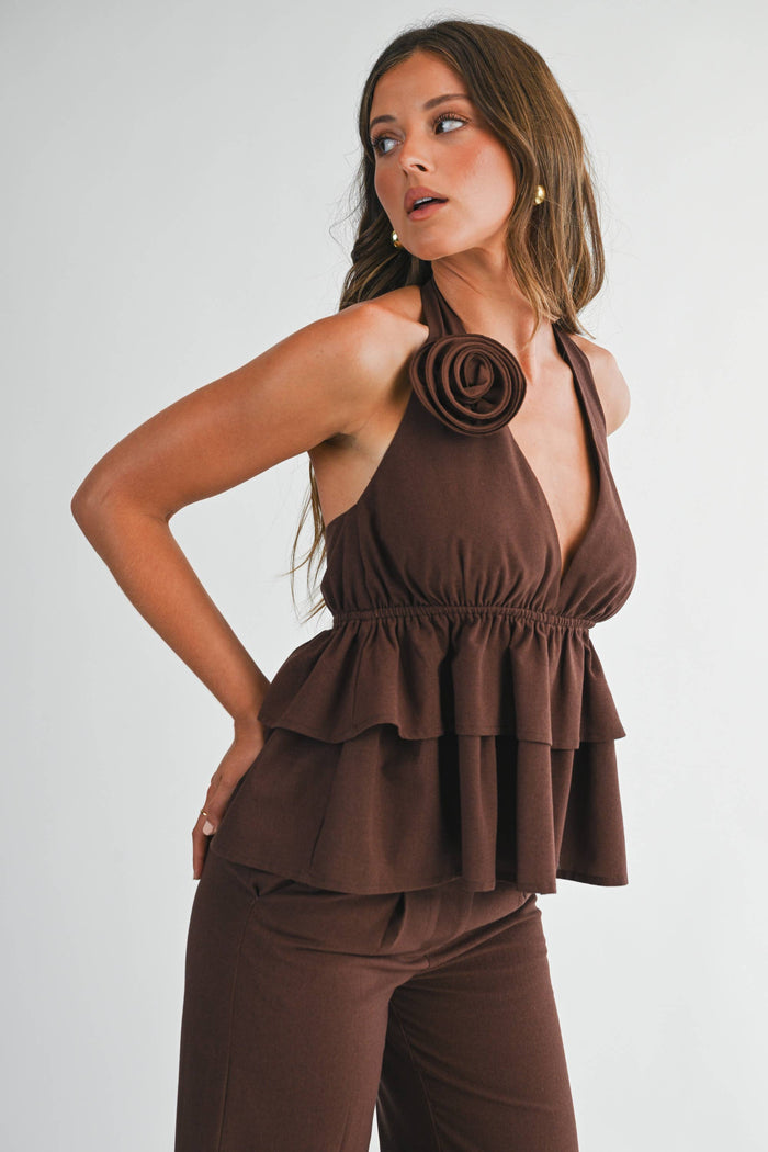 Ruffle Halter Top & Flared Trousers Set