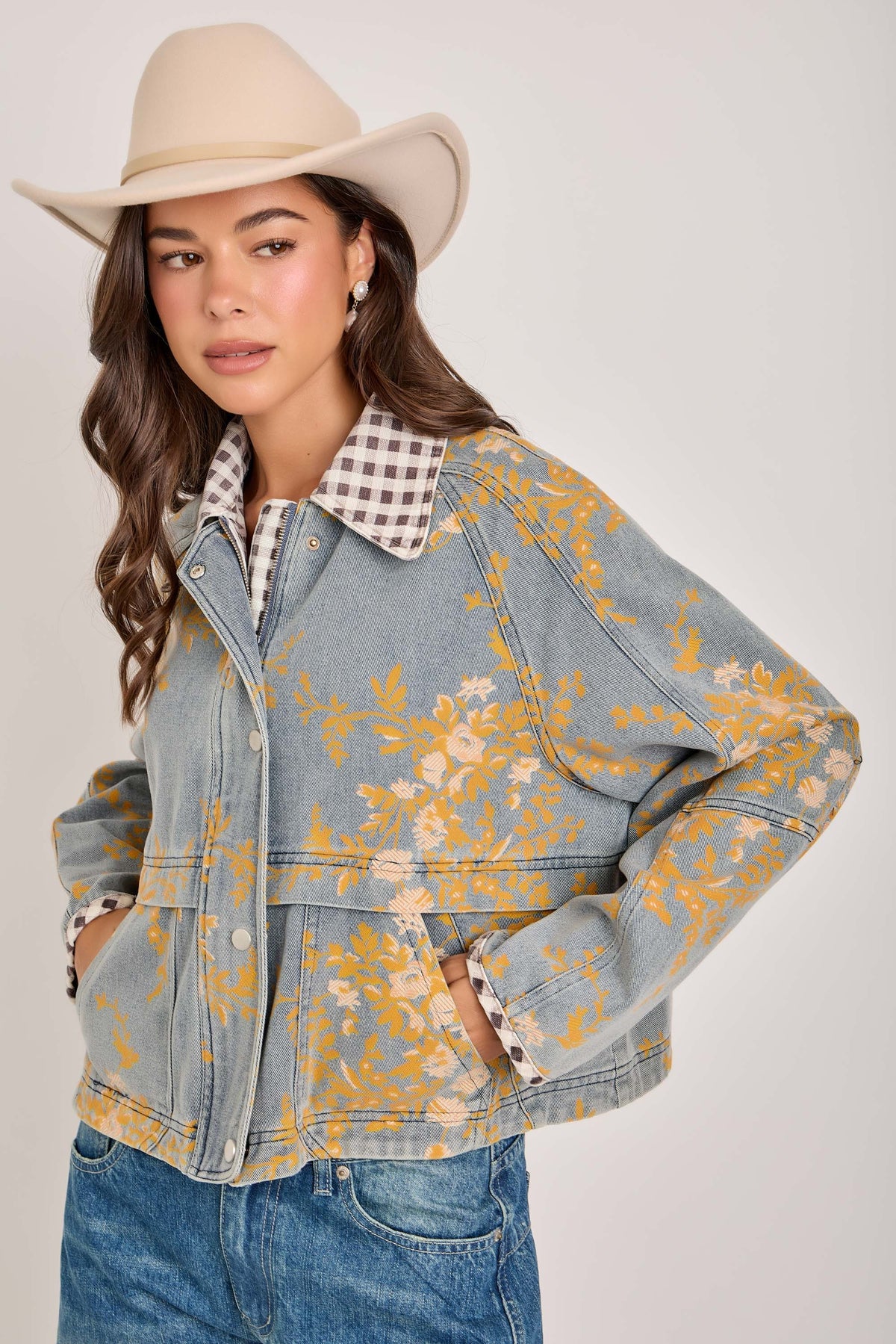 Layla Vintage Floral Denim Barn Jacket with Gingham Collar