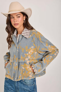Layla Vintage Floral Denim Barn Jacket with Gingham Collar