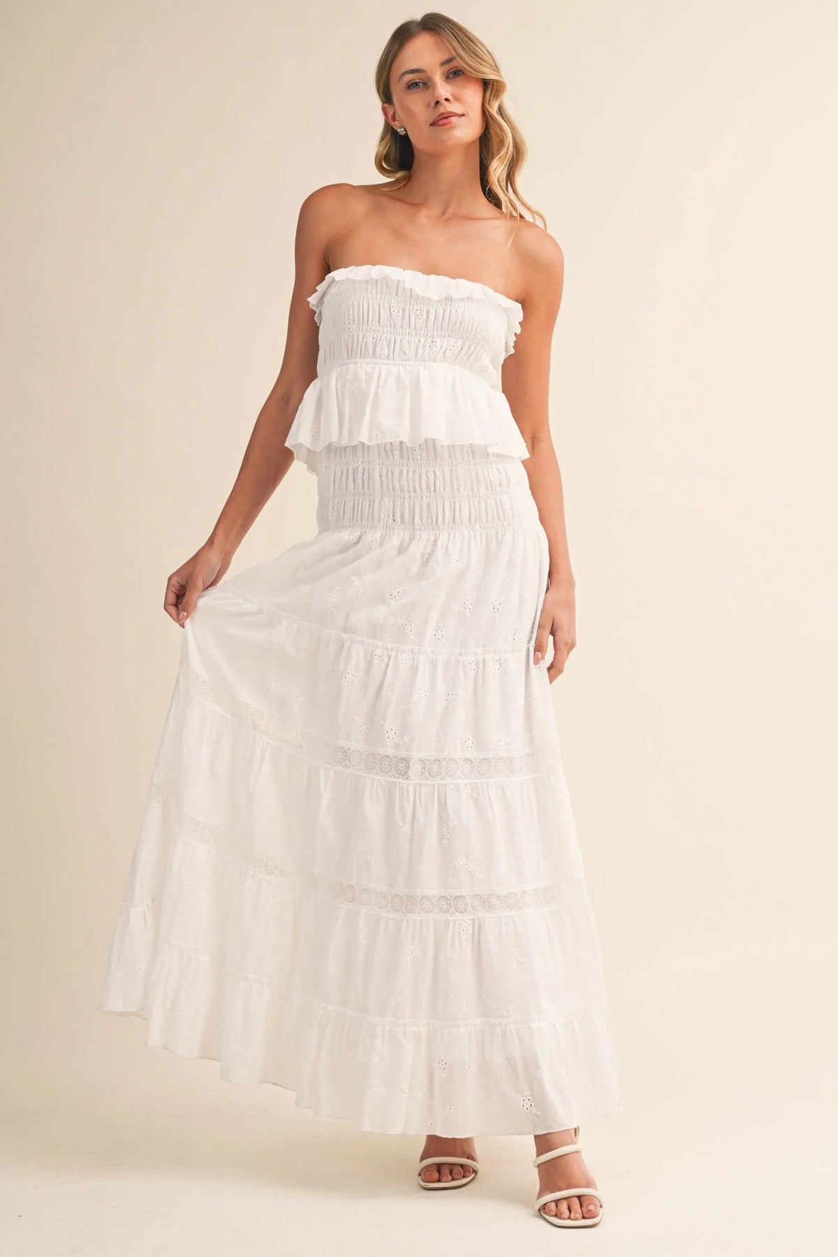 Strapless Eyelet Tiered Maxi Dress with Smocked Bodice