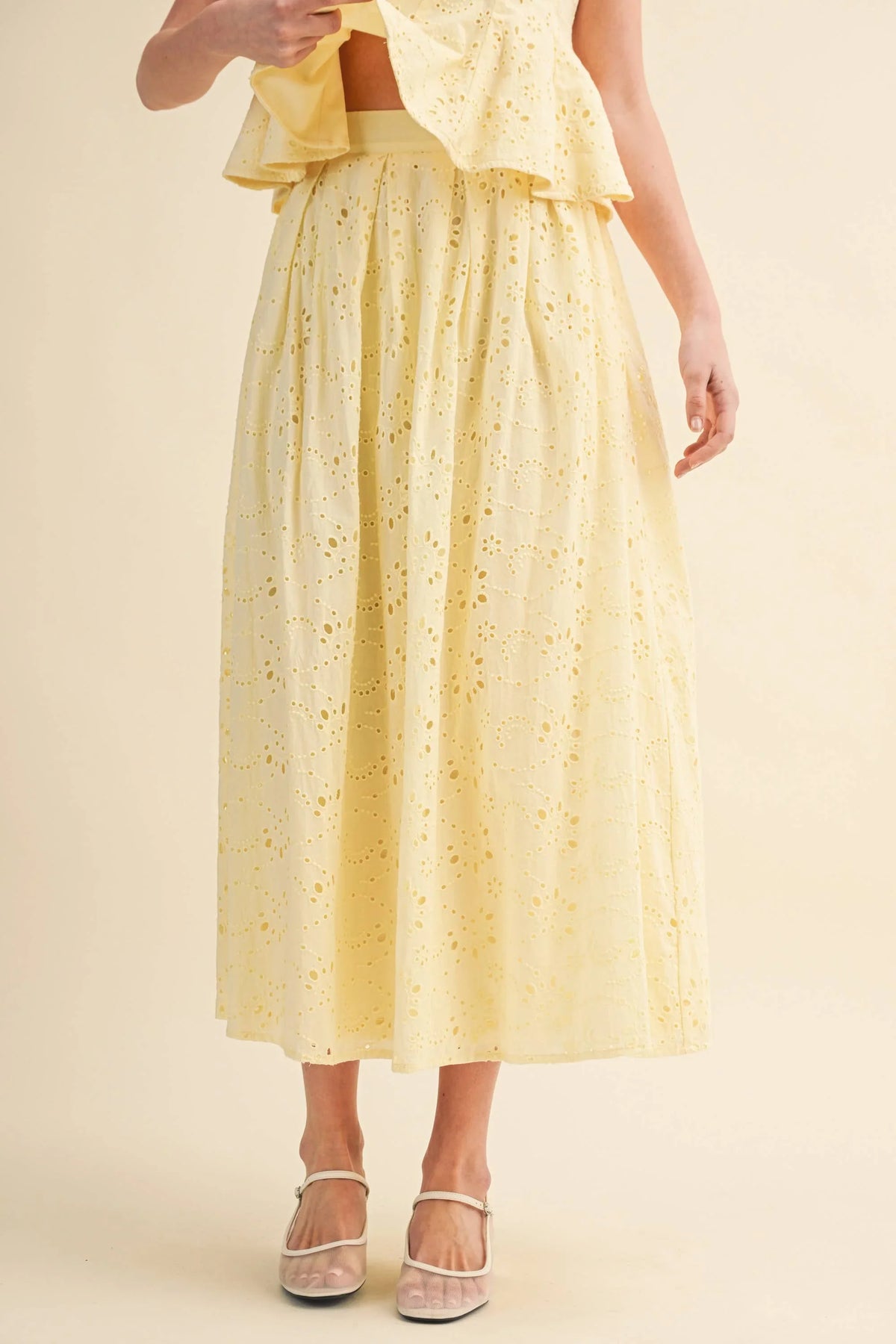EYELET PEPLUM CAMI AND PLEATED FLARE MIDI SKIRT