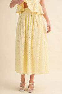 EYELET PEPLUM CAMI AND PLEATED FLARE MIDI SKIRT