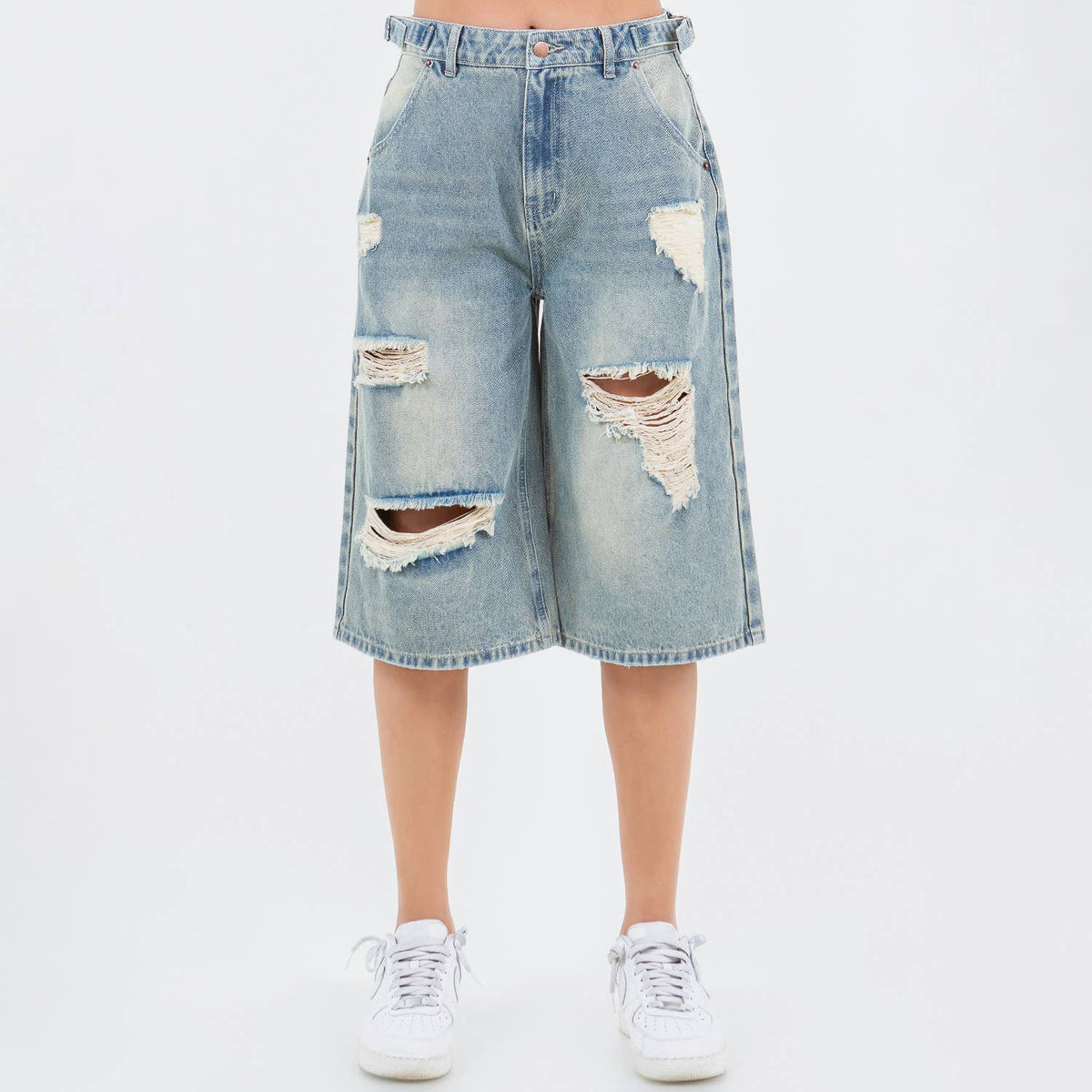 WAIST TRIM DISTRESSED WIDE LEG JORTS-RSS21142
