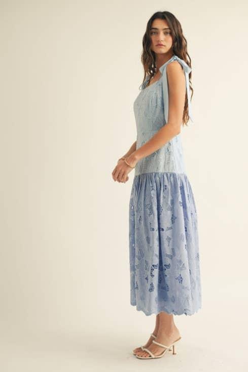 Shoulder Tie Ruffle Bottom Color Block Midi Dress