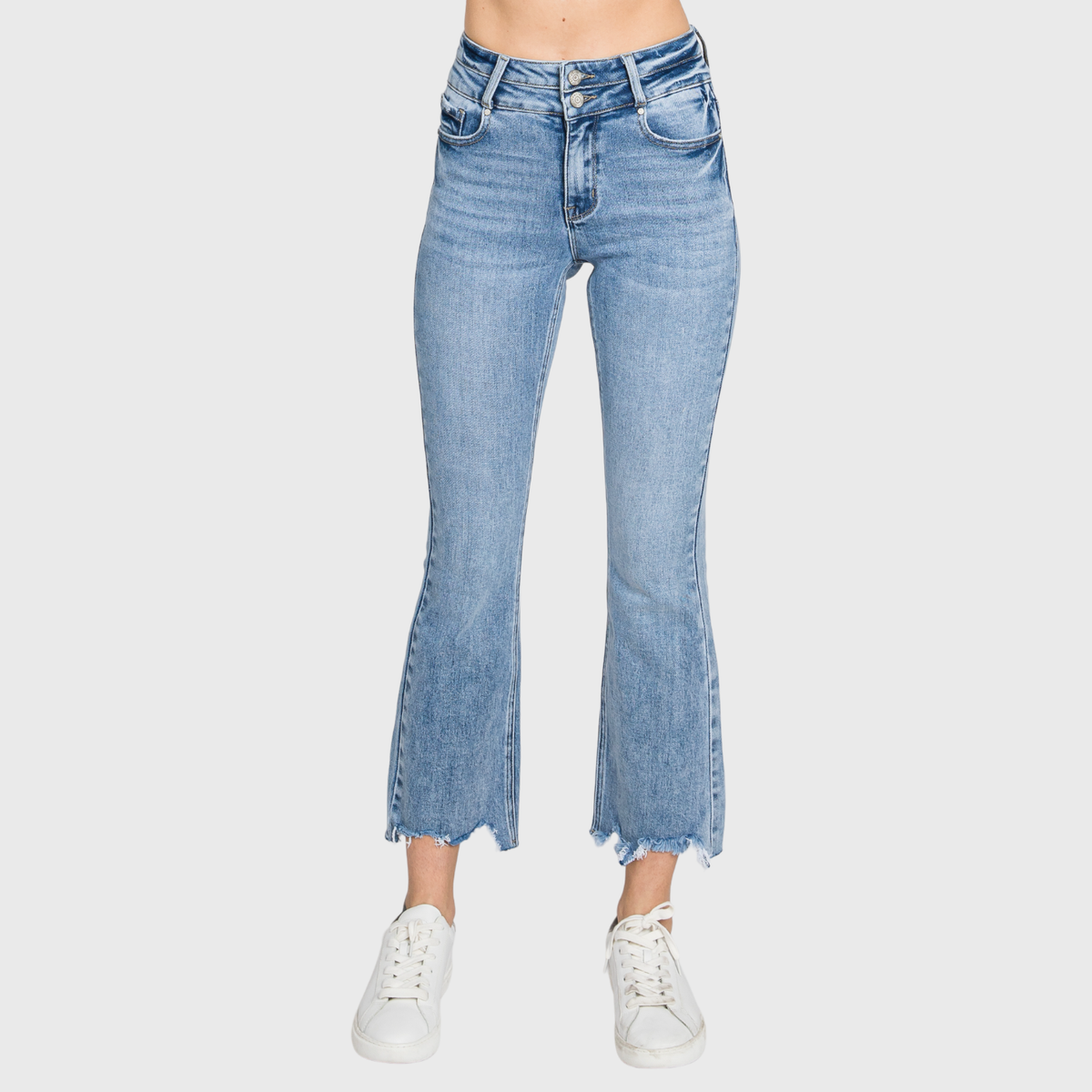 High Rise Crop Bootcut Jeans with Frayed Hem — Light Wash
