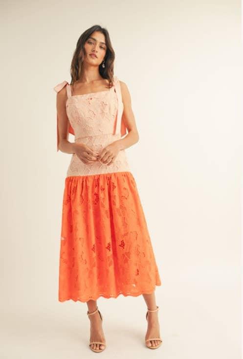 Shoulder Tie Ruffle Bottom Color Block Midi Dress