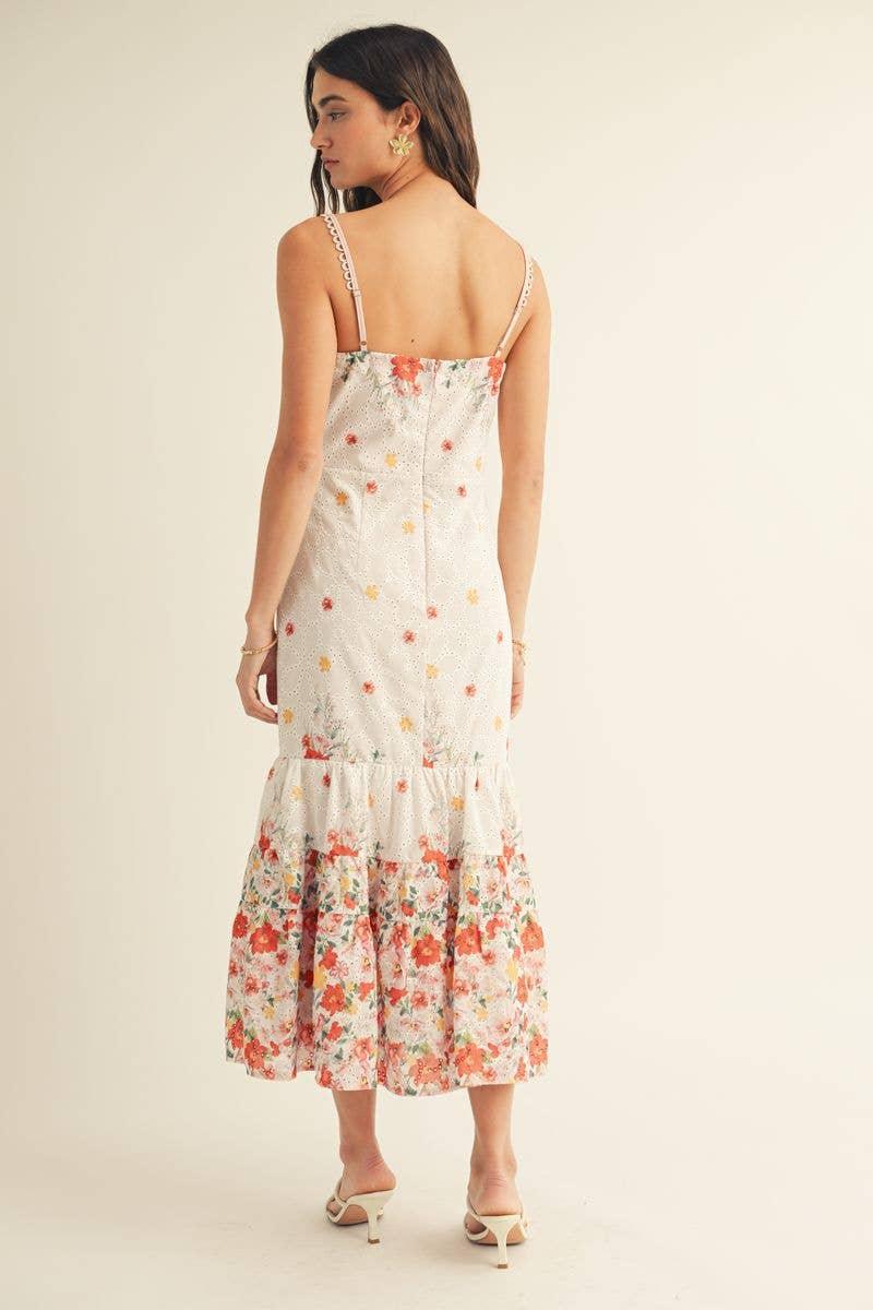 Eyelet Detailed Floral Border Print Midi Dress