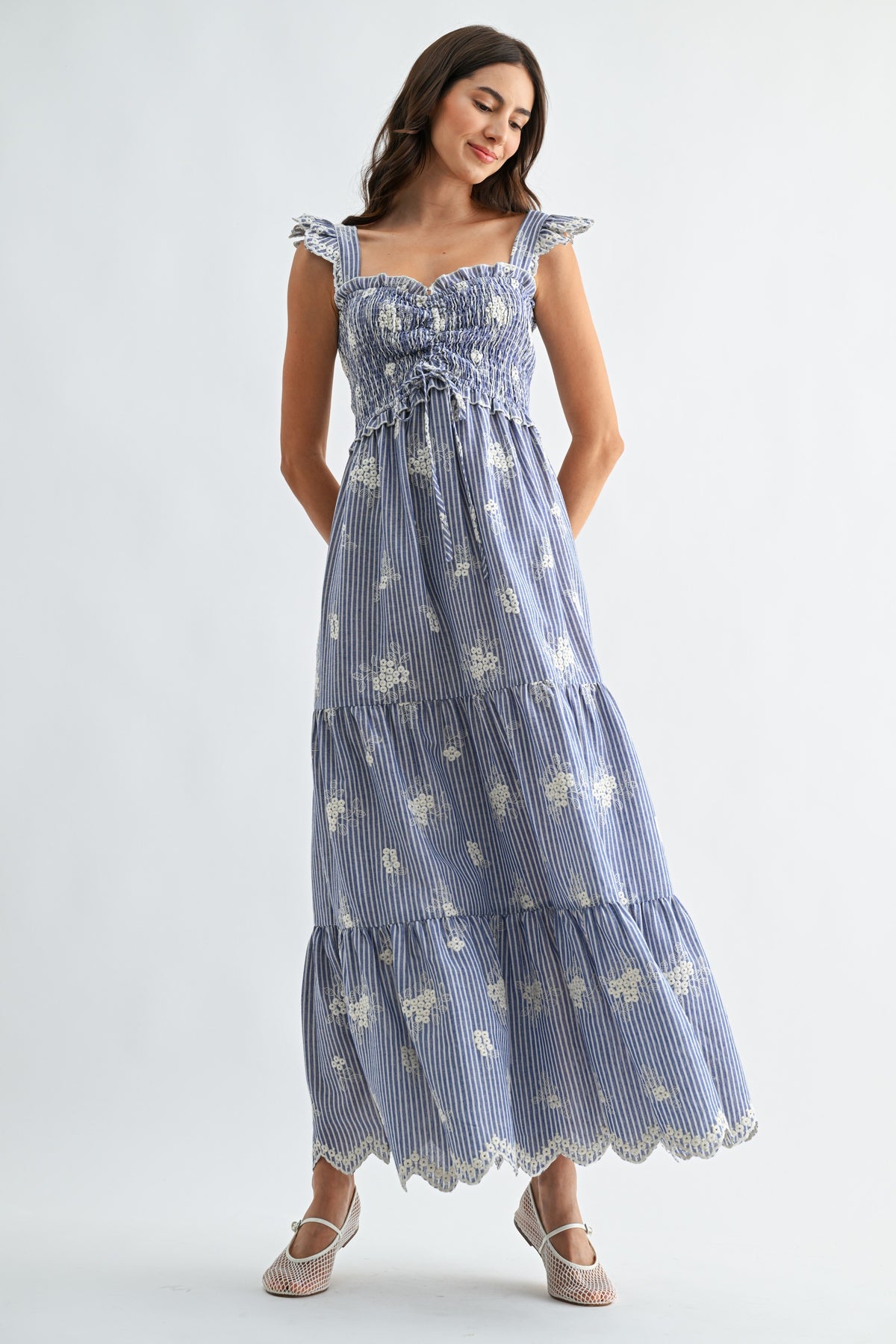 Embroidered Striped Maxi Dress with Ruffle Straps