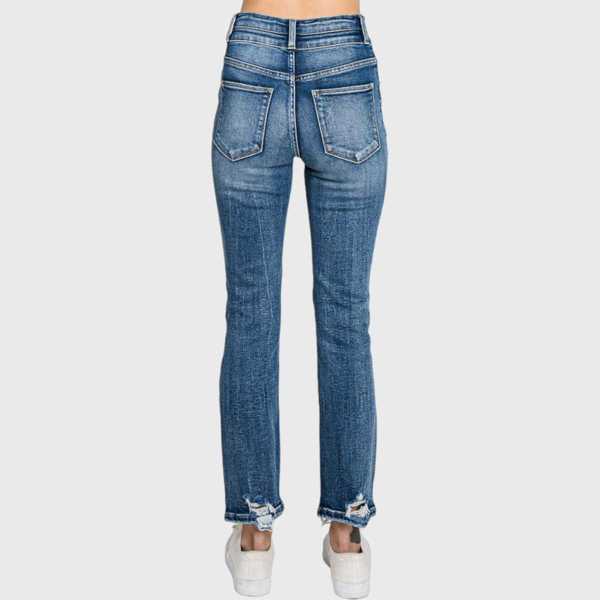 Destroyed Super High Rise Slim Straight Jeans — Medium Wash