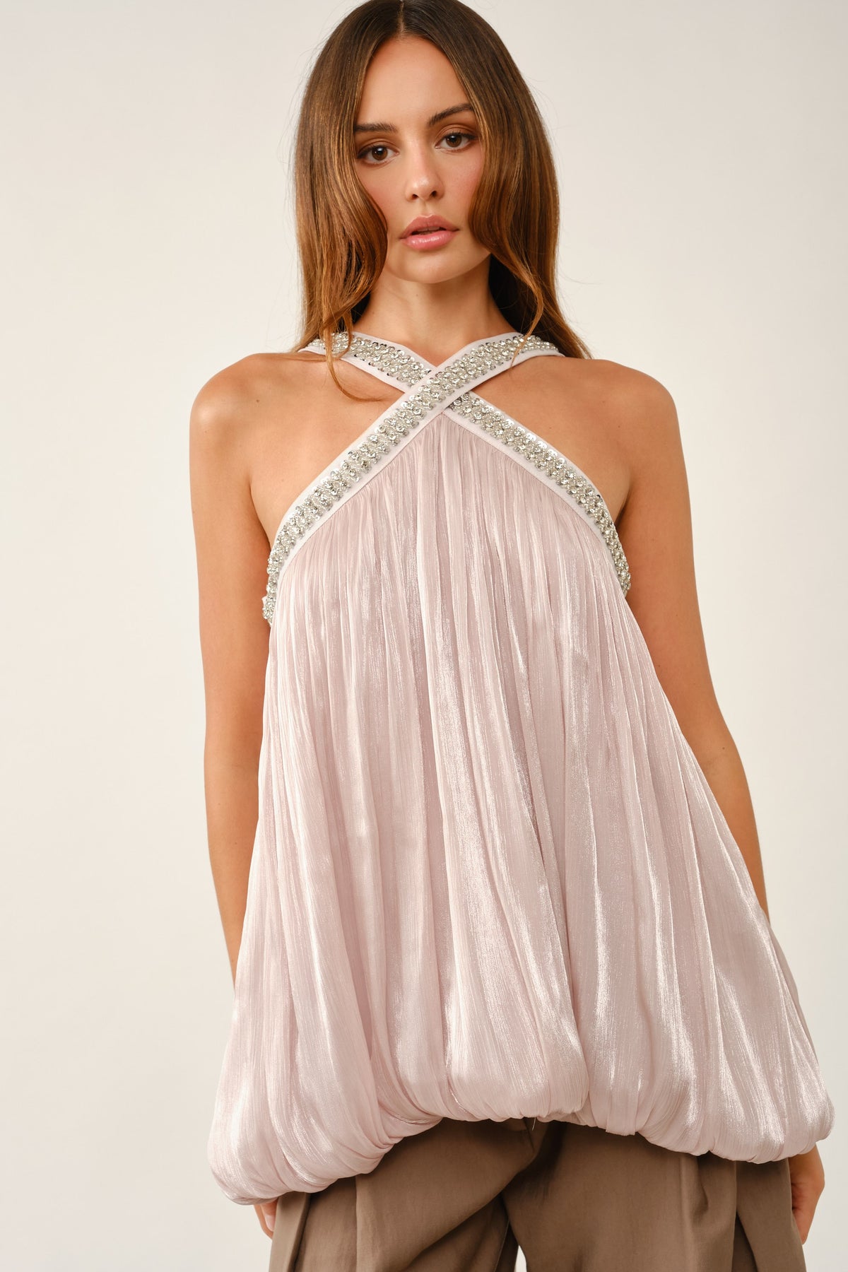 Sequin Criss-cross Pleated Bubble Blouse
