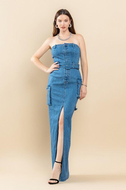 DENIM TUBE FRONT SLIT MAXI DRESS - PRIVILEGE 
