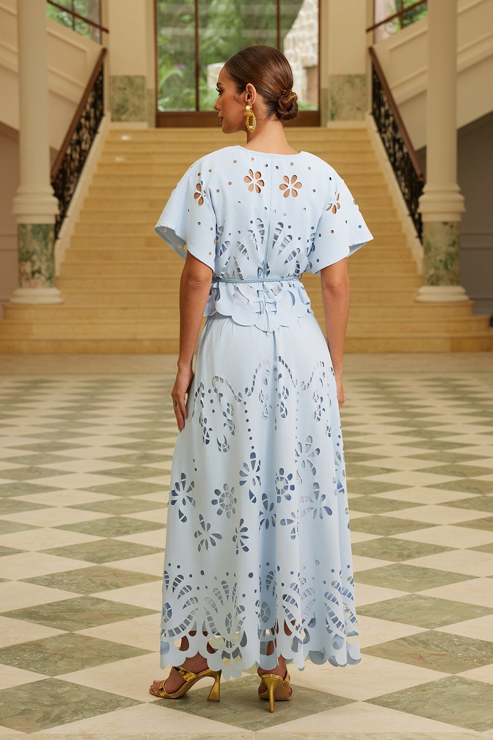 Light Blue Laser-Cut Top & Maxi Skirt Set