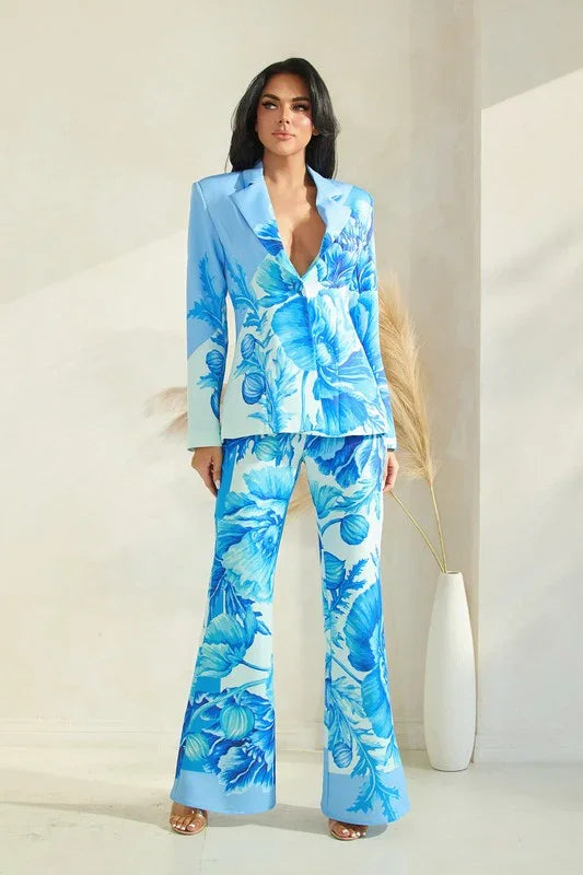 BIG FLOWER PRINT BLAZER FLARE PANT SET PRIVILEGE
