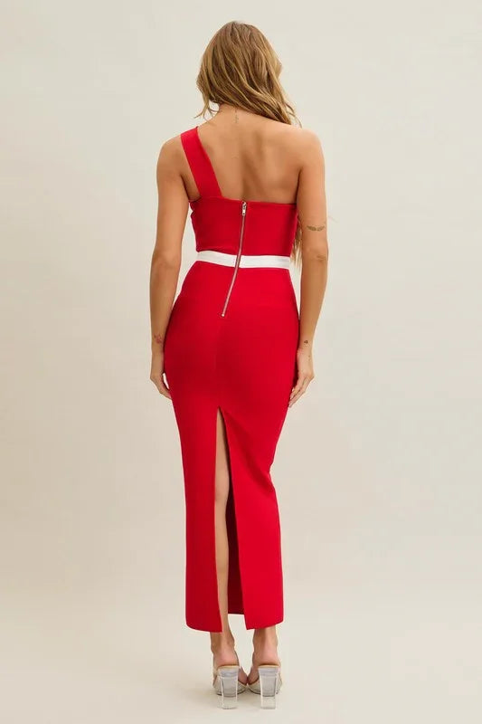 Rosette One-shoulder Midi Bandage Dress PRIVILEGE