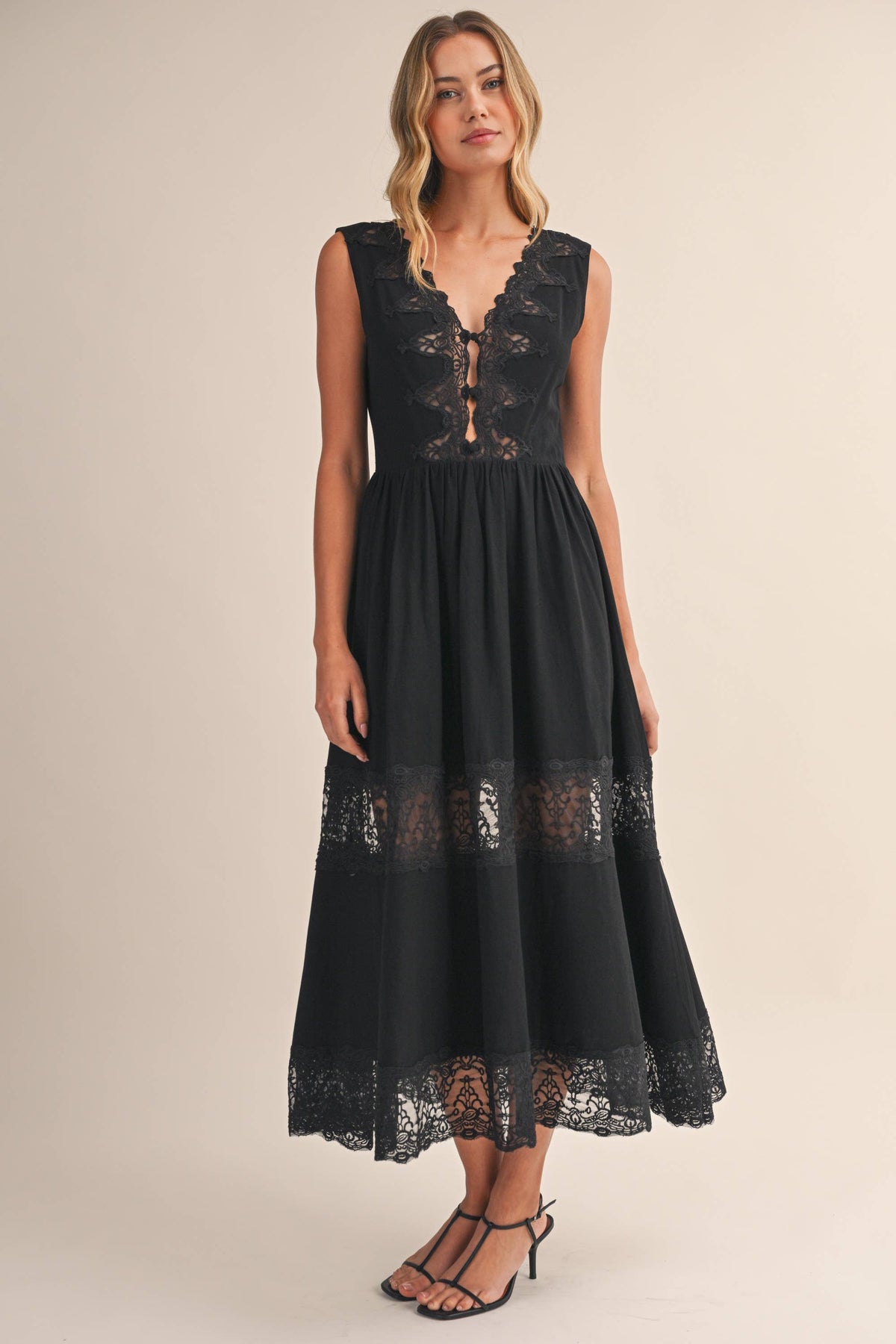 LACE PANEL DETAILED SLEEVELESS V NECK MIDI DRESS