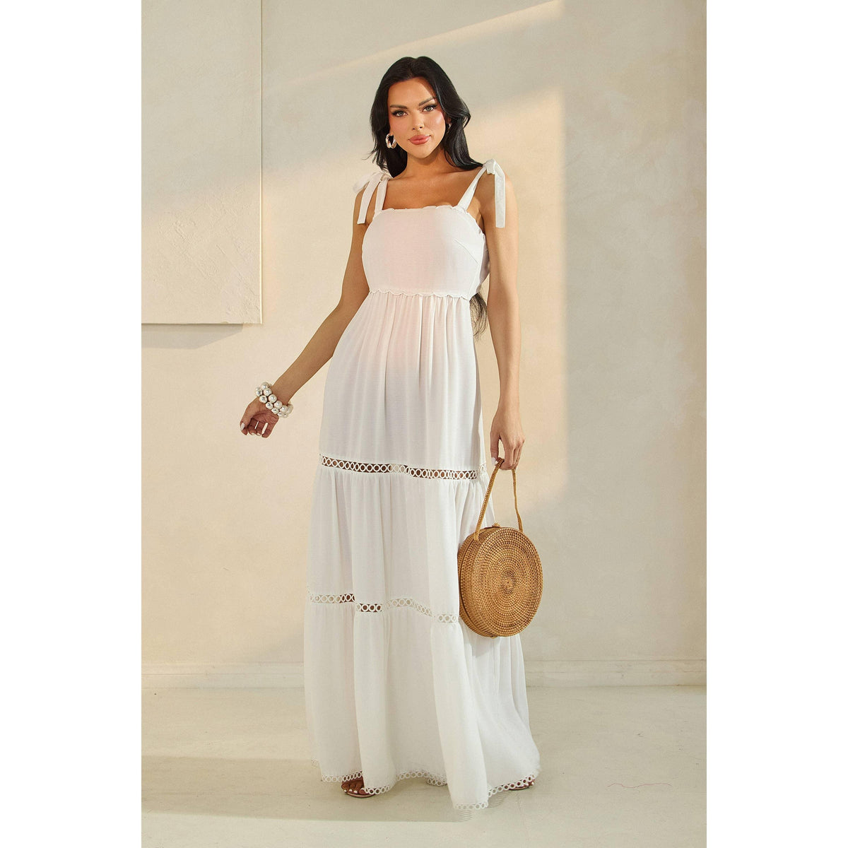 SHOULDER TIE SCALLOP MAXI DRESS