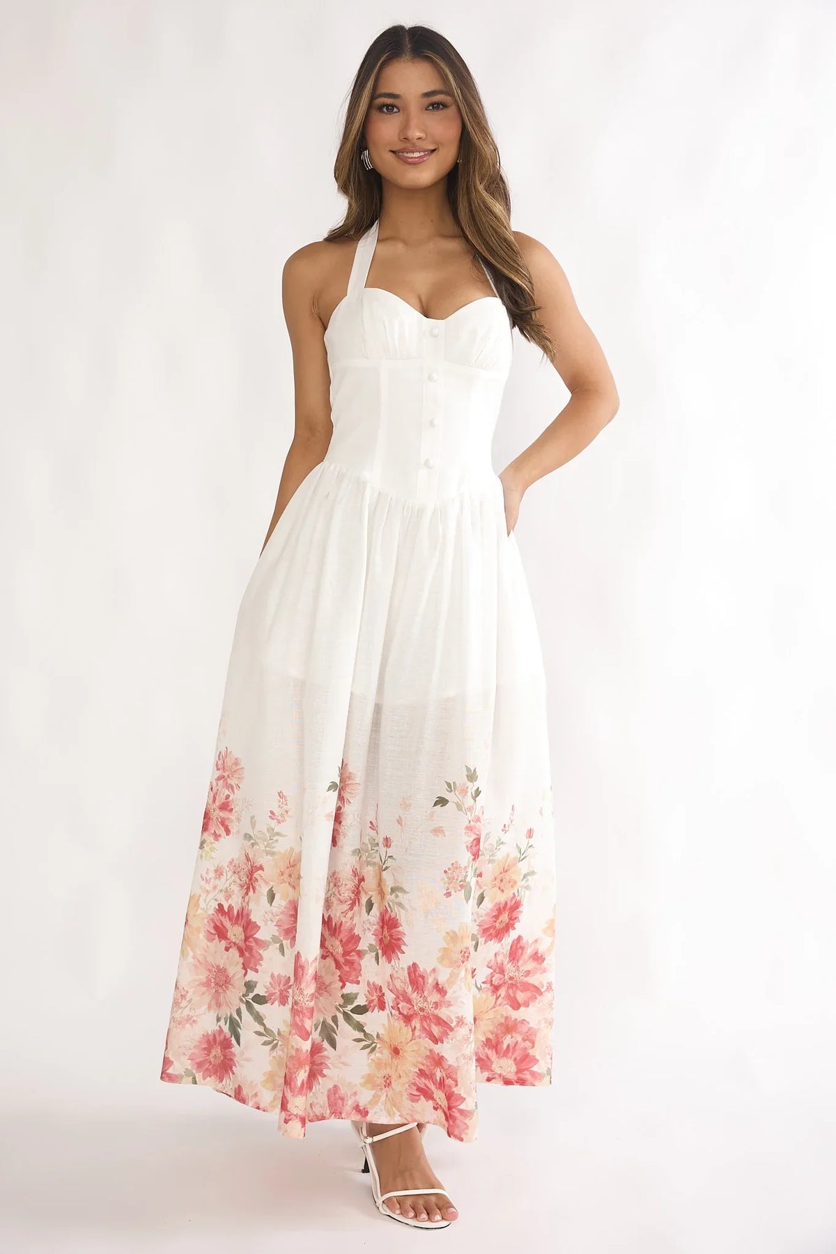 Sweetheart Halter Corset Floral Maxi Dress