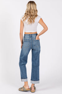 High Rise Stretch Relaxed Straight Jeans with Cuffed Hem