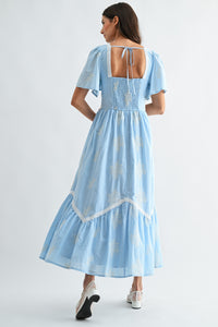 Embroidered Midi Dress With Flutter Sleeves