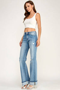 Mid Rise Vintage Flare Jeans with Cuffed Hem — Light Wash