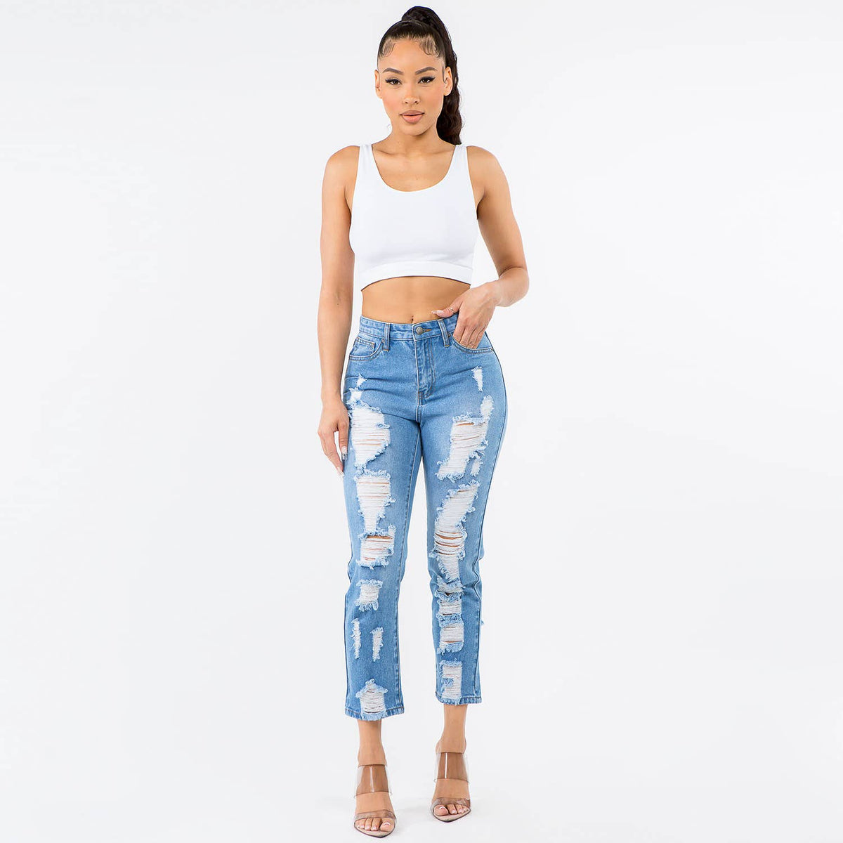 HIGH WAIST DISTRESSED BOYFRIEND JEANS-RJH20486