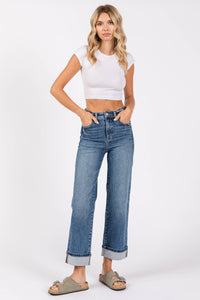 High Rise Stretch Relaxed Straight Jeans with Cuffed Hem