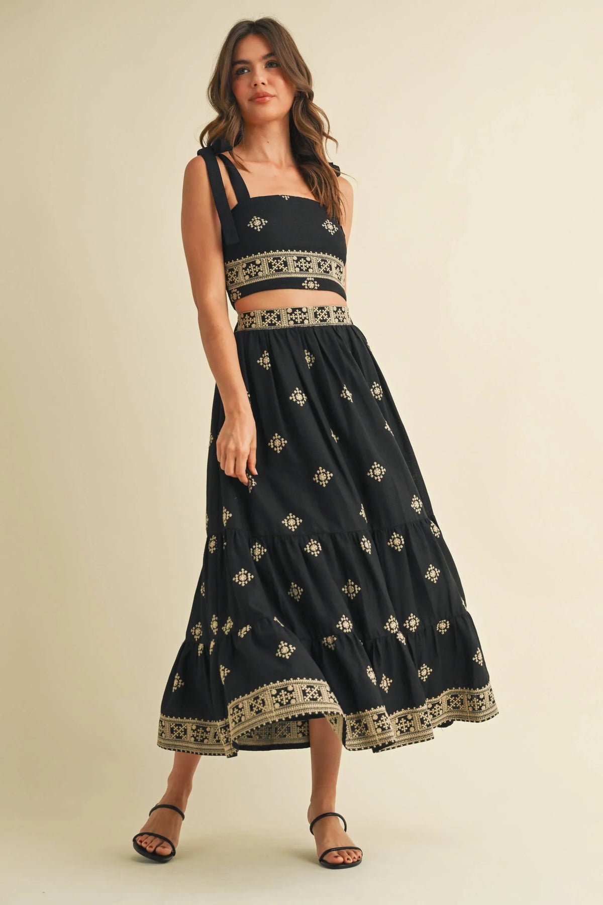 Boho Embroidered Crop Top & Tiered Midi Skirt Set