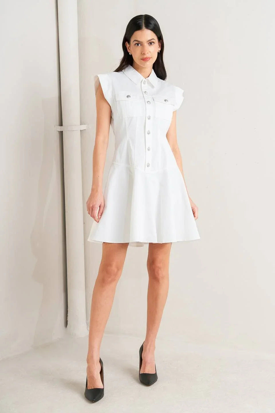 White Cotton Mini Dress – Button-Down Circle Skirt Dress